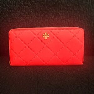 Bright Pink/Orange Tory Burch quilted zipper wallet